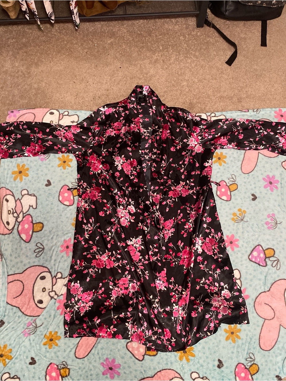 Apt. 9 Black Satin Robe with Pink Floral Print